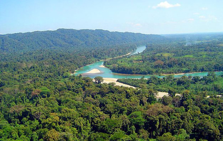 A landscape in the Selva Lacandona; to the left of the Lacantún River is the Montes Azules Biosphere Reserve.